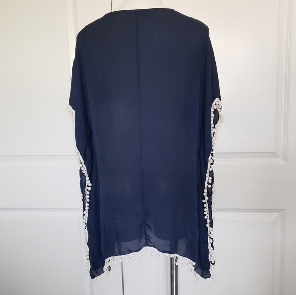 ADREAMLY Navy White Pom Trim Swim Cover Short Caftan M - Picture 5 of 6